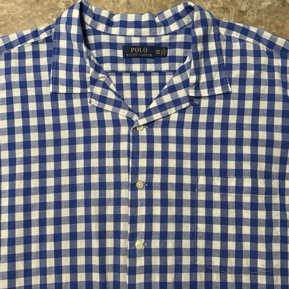 Polo Ralph Lauren Shirt Mens 3XB Big 3X Blue Gingham Check Camp Loop Collar - Picture 1 of 9